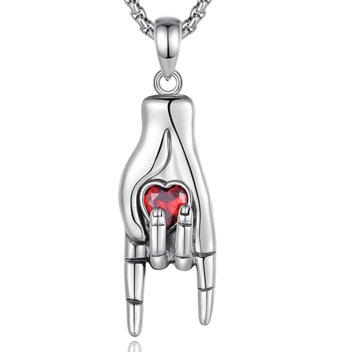 INFUSEU Italienische Hand Kette, 925 Sterling Silber Herzförmige Rote Diamanten 3d Charm Cornicello Anhänger Italienischer Amulett Schmuck Glücksamulett Italienische Geschenke für Damen Herren von INFUSEU