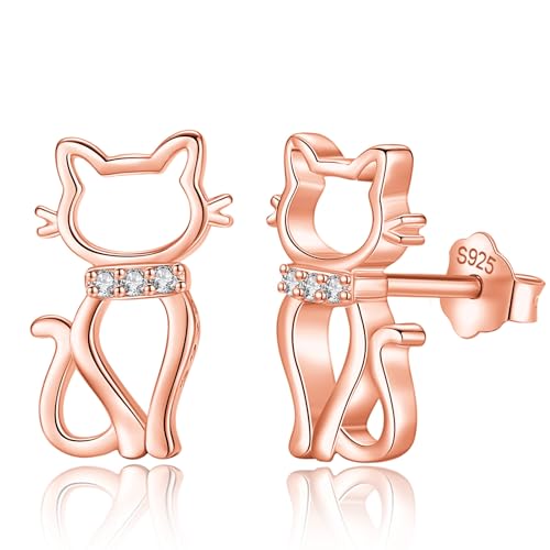 INFUSEU Katzen Ohrringe, 925 Sterling Silber Roségold Katze Süßer Ohrstecker Schöner Haustier Tier Schmuck Winziger Knorpel Ohrring Geschenke für Mädchen Frauen von INFUSEU