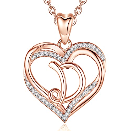 INFUSEU Kette Herz Initial D, Halskette für Frauen Mädchen Rosegold Letter Anhänger ketten Cubic Zirconia Schmuck Damen romantische Geschenke für Paar, 20 Zoll Kette von INFUSEU