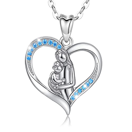 INFUSEU Kette Herz Mutter Tochter, 925 Silber Mama Tochter Umarmung Blauer Zirkonia Anhänger Schmuck Geschenke Für Werdende Mütter Oma von INFUSEU