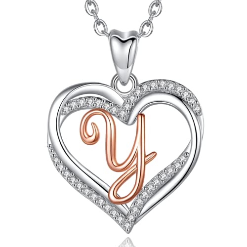 INFUSEU Kette Mit Buchstaben, 925 Sterling Silber A-Z Alphabet Y Anhänger Rosegold Doppeltes Herz Schmuck Mit Namen Zirkonia CZ Halsketten Für Frauen Freundin Damen Lang von INFUSEU