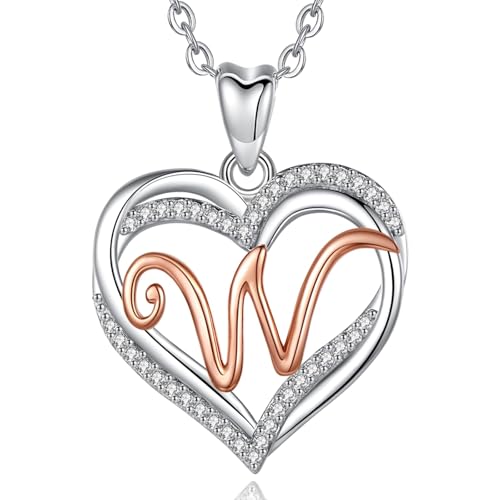 INFUSEU Kette Mit Buchstaben, 925 Sterling Silber W Anhänger Rosegold Doppeltes Herz Schmuck Zirkonia CZ A-Z Alphabet Namen Halskette Geburtstags Geschenk Für Frauen von INFUSEU