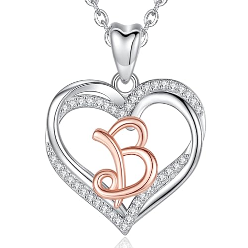 INFUSEU Kette Mit Buchstaben, Damen Halskette Mit Buchstabe B Initial Alphabet Schmuck 925 Sterling Silber Zirkonia Doppelherz Anhänger Fur Weibliche Namens Geschenke von INFUSEU