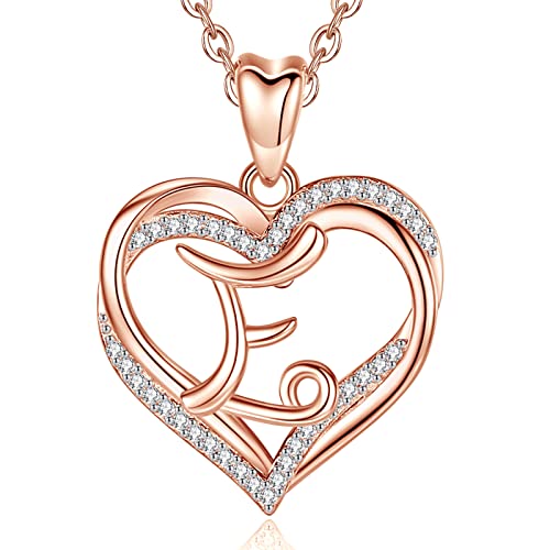 INFUSEU Kette mit Buchstabe, Halskette Rosegold Damen Initial E Anhänger Herz Schmuck Cubic Zirkonia CZ Hochzeitstag Geschenke für Frau Frau Mutter Freundin, 20 Zoll Kette von INFUSEU