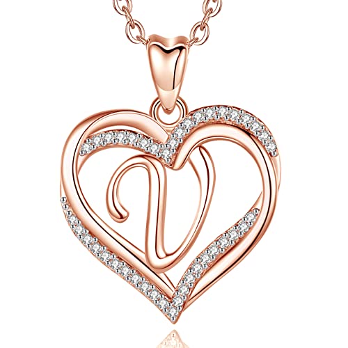 INFUSEU Kette mit Namen, Doppelherz V Rosegold Buchstabe Anhänger 20 Zoll Ketten Schmuck Cubic Zirconia CZ Personalisierter Schmuck für Frauen Weiblich Damen von INFUSEU