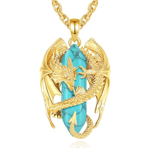 INFUSEU Kristall Drachen Kette, Nordischer Grüne Kiefer Kristall 18K Gold Drachen Anhänger Sechseckiger Kristall Anhänger Heilender Gothic Schmuck Natürlicher Kristall Geschenk für Männer Und Frauen von INFUSEU