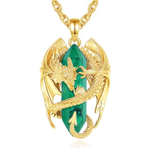 INFUSEU Kristall Drachen Kette, Nordischer Malachit Kristall 18K Gold Drachen Anhänger Sechseckiger Kristall Anhänger Heilender Gothic Schmuck Natürlicher Kristall Geschenk für Männer Und Frauen von INFUSEU
