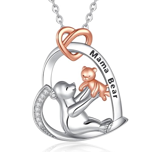INFUSEU Mama Bear Halskette, Familie Kette Tier Anhänger 925 Sterling Silber Mutterbär und Kind Mutter Und Tochter Mode Schmuck Muttertags Geschenk für Oma Tante von INFUSEU