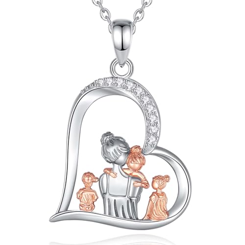 INFUSEU Mutter Tochter Kette, 925 Silber Roségold Drei Kinder Anhänger Mama Geschenk Stiefmutter Kind Halkette Mutter Sohn Schmuck Familienkette Geschenk Für Mama Frauen Unsere Dame von INFUSEU