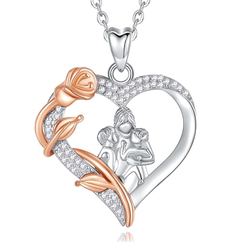 INFUSEU Mutter und Tochter Kette, 925 Silber Roségold Rosen Zwei Kinder Anhänger Mama Geschenk Stiefmutter Kind Halkette Mutter Sohn Schmuck Familienkette Geschenk Für Mama Frauen Unsere Dame von INFUSEU