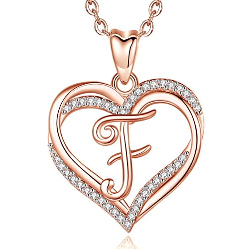 INFUSEU Namenskette, Initial Halskette F Anhänger Rosegold Double Herz Alphabet Cubic Zirconia CZ Letter Schmuck Geburtstag Geschenke für Frauen Damen Freundin, 20 Zoll Kette von INFUSEU