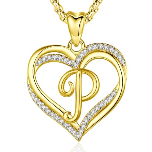 INFUSEU P Kette Buchstabe, Buchstaben Halskette Doppelter Herz Anhänger Gold A-Z Schmuck Zirkonia CZ Lange 50.8 cm Lange Kette Süße Geschenke für Mädchen Ehefrau Weiblich Mutter von INFUSEU