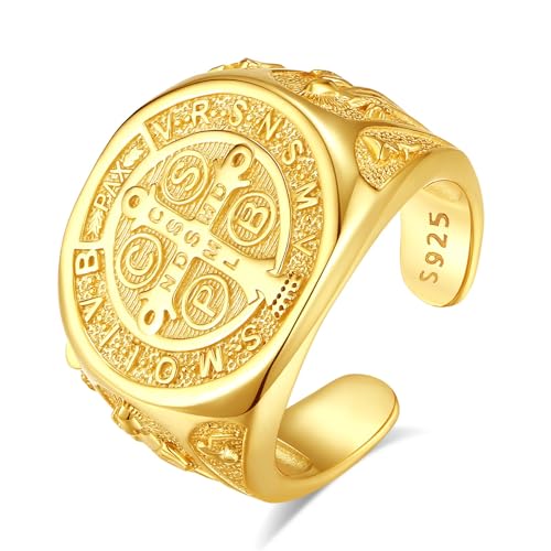 INFUSEU Ring Des Heiligen Benedikt, 925 Sterling Silber 18K Gold Saint Benedikt Religiöser Katholischer Christlicher Exorzismus Herrenring Tempelritter Christliche Medaille Kreuz Ordensschutz von INFUSEU