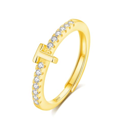 INFUSEU Ring Mit Buchstaben, 925 Sterling Silber 18K Gold Verstellbare T Ringe Großbuchstaben Initiale Alphabet Schmuck Personalisierter Brautjungfern Geschenke für Frauen Mädchen Damen von INFUSEU