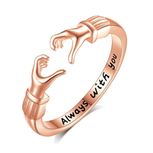 INFUSEU Ring Umarmung Silber 925, Rosévergoldet Umarmungsringe Verstellbarer Finger Ringe Gravierte Worte Herz Hände Offener Schmuck Freundschaftsringe für Frauen von INFUSEU