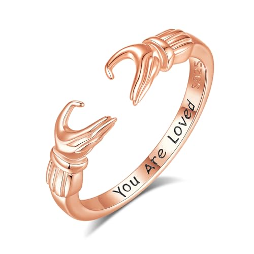 INFUSEU Ring Umarmung Silber 925, Rosévergoldet Umarmungsringe Verstellbarer Finger Umarmen Ringe Gravierte Worte Herz Hände Offener Freundschaftsringe Schmuck für Frauen von INFUSEU