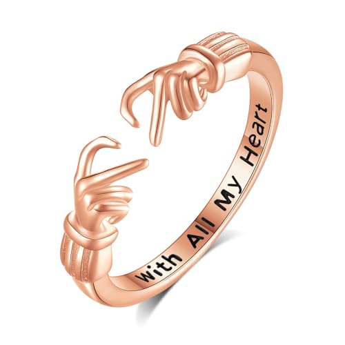 INFUSEU Ring Umarmung Silber 925, Rosévergoldet Umarmungsringe Verstellbarer Finger Umarmen Ringe Gravierte Worte Herz Hände Offener Schmuck Freundschaftsringe für Frauen von INFUSEU