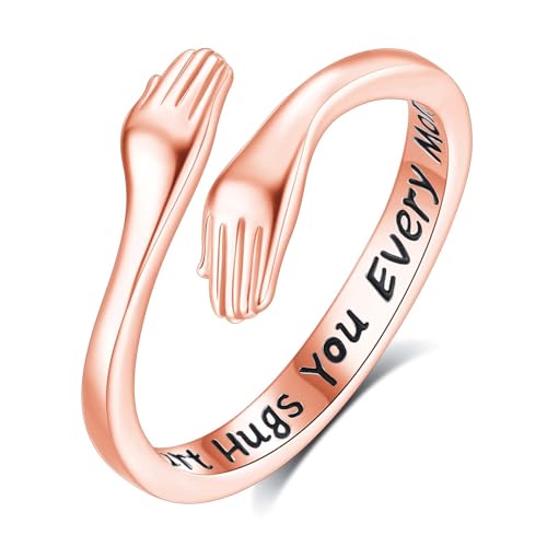 INFUSEU Ring Umarmung Silber 925, Rosévergoldet Umarmungsringe Verstellbarer Finger Umarmen Ringe Gravierte Worte Umarmung Hände Offener Schmuck Freundschaftsringe für Frauen von INFUSEU