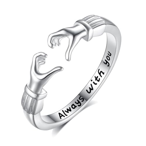 INFUSEU Ring Umarmung Silber 925, Umarmungsringe Verstellbarer Finger Ringe Gravierte Worte Herz Hände Offener Schmuck Freundschaftsringe für Frauen von INFUSEU