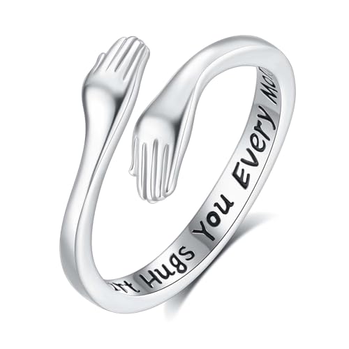 INFUSEU Ring Umarmung Silber 925, Umarmungsringe Verstellbarer Finger Umarmen Ringe Gravierte Worte Umarmung Hände Offener Schmuck Freundschaftsringe für Frauen von INFUSEU
