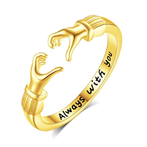 INFUSEU Ring Umarmung Silber 925, Vergoldet Umarmungsringe Verstellbarer Finger Ringe Gravierte Worte Herz Hände Offener Schmuck Freundschaftsringe für Frauen von INFUSEU