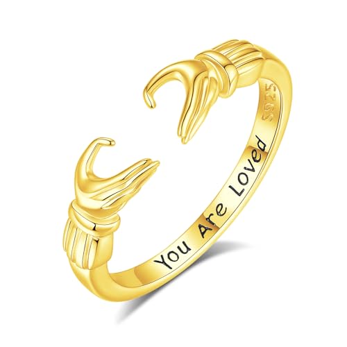 INFUSEU Ring Umarmung Silber 925, Vergoldet Umarmungsringe Verstellbarer Finger Umarmen Ringe Gravierte Worte Herz Hände Offener Freundschaftsringe Schmuck für Frauen von INFUSEU
