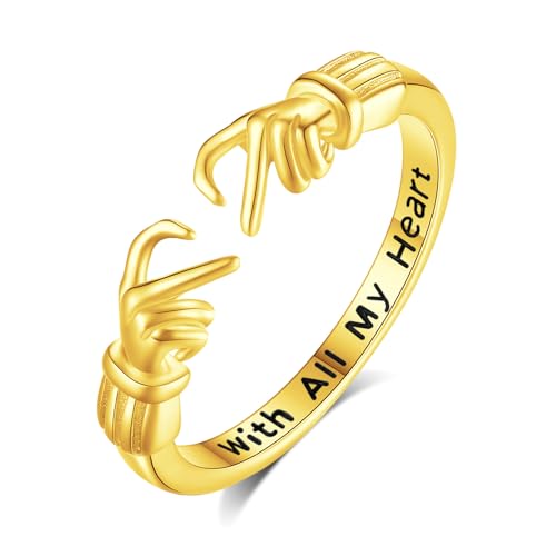 INFUSEU Ring Umarmung Silber 925, Vergoldet Umarmungsringe Verstellbarer Finger Umarmen Ringe Gravierte Worte Herz Hände Offener Schmuck Freundschaftsringe für Frauen von INFUSEU
