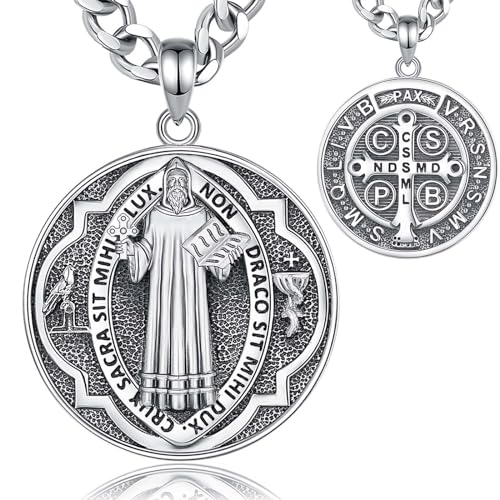 INFUSEU Saint Benedict Kette, 925 Sterling Silber St. Benedict Medaille Patron Anhänger Christlicher Glaube Religiöser Schmuck Göttliche Schutz Amulett Geschenke für Männer Frauen von INFUSEU
