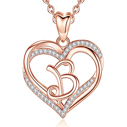 INFUSEU Schmuck Damen Buchstaben, Kette mit Buchstabe B Initial Alphabet Schmuck Rosegold Cubic Zirconia Double Herz Anhänger und 20 Zoll Kette für Weibliche Namen Geschenke von INFUSEU