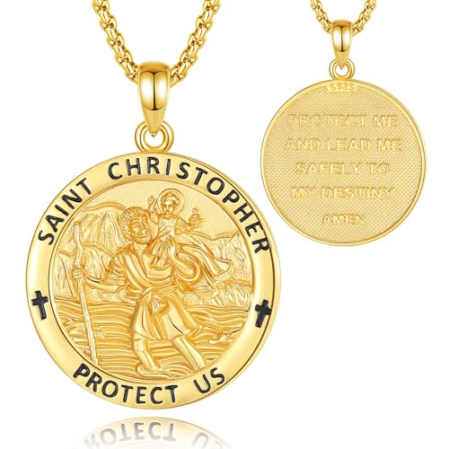 INFUSEU St. Christopher Halskette für Männer, Heiliger Christopher Anhänger 925 Sterling Silber 18K Gold Medaille Patron Christlicher Religiöser Schmuck Schutz Amulett Geschenke für Frauen von INFUSEU