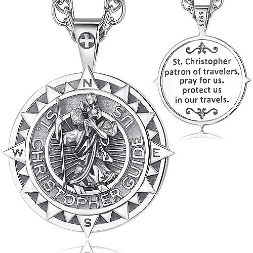 INFUSEU St. Christopher Kette, 925 Sterling Silber Heiliger Saint Christopher Schutzpatron Kompass Anhänger Christlicher Religiöser Schmuck Göttliche Amulett Geschenke für Frauen Herren von INFUSEU