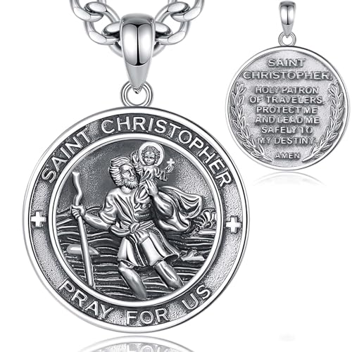 INFUSEU St. Christopherus Halskette für Männer, 925 Sterling Silber St Christopher Heilige Patron Medaille Anhänger Glaube Religiöser Schmuck Amulett Geschenke für Männer Frauen von INFUSEU