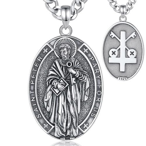 INFUSEU St. Peter Kette, 925 Sterling Silber Elliptischer Schutzpatron Anhänger Christlicher Glaube Religiöser Schmuck Göttliche Liebe Spiritueller Schutz Amulett Geschenke für Männer Frauen von INFUSEU