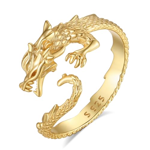 INFUSEU Offener Größenring, Verstellbar 925 Sterling Silber Modell 7-8 Zweiköpfige Schlange/gelada/umarmung/wolverine/orang-utan/drache/pentagramm Ring Geschenk für Sie (Drache Gold) von INFUSEU