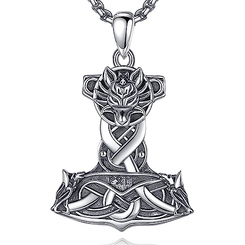 INFUSEU Thors Hammer mit Wolfskopf Halskette, 925 Sterling Silber Anhänger für Männer Wikinger und Nordische Mythologie Schmuck Heidnisches Amulett Skandinavischer Schmuck von INFUSEU
