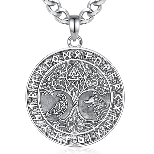 INFUSEU Wikinger Halskette für Männer, 925 Sterling Silber Lebensbaum Yggdrasil Anhänger Wolf Schmuck Valknut Jormungandr Odin Raven Allah Geschenk für Männer (01-Yggdrasil) von INFUSEU