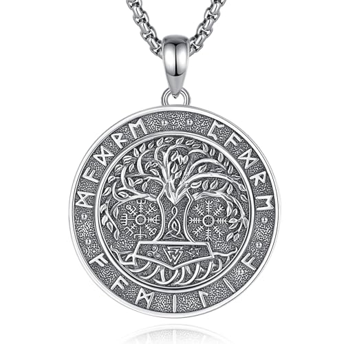 INFUSEU Wikinger Kette für Männer, 925 Sterling Silber Lebensbaum Yggdrasil Anhänger Schmuck Valknut Jormungandr Odin Raven Allah Geschenk für Männer von INFUSEU