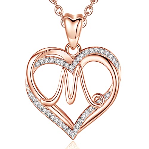 INFUSEU kette mit buchstaben, Rosegold Brief Halskette für Frauen M Initial Herz Anhänger Halskette Ohne Cubic Zirkonia CZ Schmuck Romantische Geburtstagsgeschenke für Sie, 20 Zoll Kette von INFUSEU