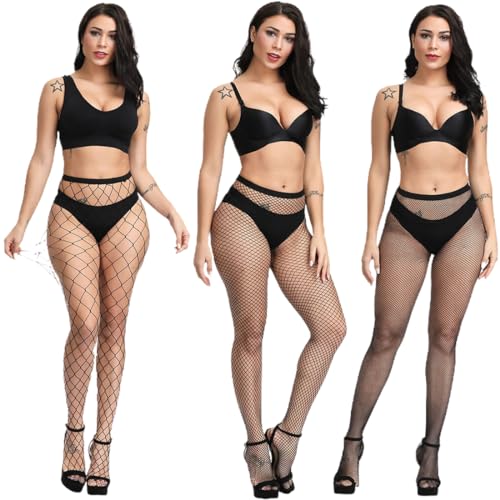 INGJIA 3 PCS Netzstrumpfhose Schwarz, Fishnet Stockings Strümpfe Strumpfhosen Netzstrümpfe Hohe Taille Fischernetz Strumpfhosen für Damen von INGJIA