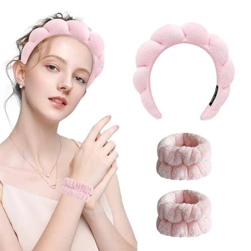 INGJIA 3 Stück Spa Gesicht Stirnband Handgelenk Waschbänder Set Weiches Makeup Haarband Elastisch Handgelenk Schweißband Flauschiges Kosmetik Stirnband für Damen Mädchen (Rosa) von INGJIA
