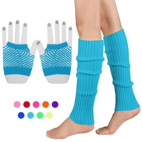 INGJIA Fischnetz Handschuhe,Elastische Neon Beinstulpen und Netzhandschuhe Set 80er Jahre Kostüm Zubehör(Blau 1) von INGJIA