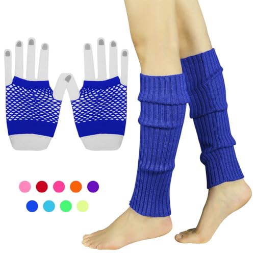INGJIA Fischnetz Handschuhe,Elastische Neon Beinstulpen und Netzhandschuhe Set 80er Jahre Kostüm Zubehör(Blau 2) von INGJIA