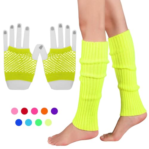 INGJIA Fischnetz Handschuhe,Elastische Neon Beinstulpen und Netzhandschuhe Set 80er Jahre Kostüm Zubehör(Gelb) von INGJIA