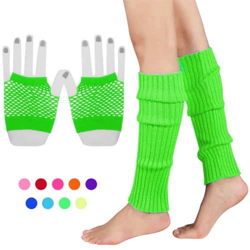 INGJIA Fischnetz Handschuhe,Elastische Neon Beinstulpen und Netzhandschuhe Set 80er Jahre Kostüm Zubehör(Grün) von INGJIA
