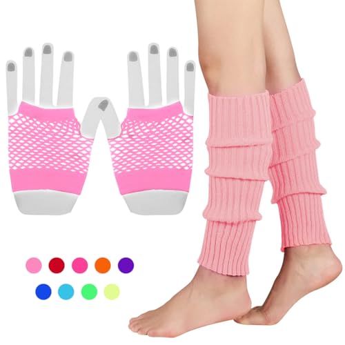 INGJIA Fischnetz Handschuhe,Elastische Neon Beinstulpen und Netzhandschuhe Set 80er Jahre Kostüm Zubehör(Rosa) von INGJIA