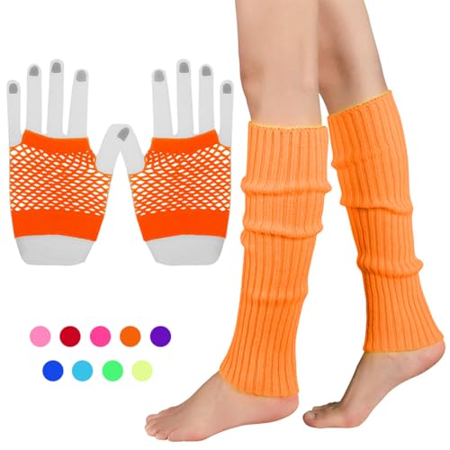 INGJIA Fischnetz Handschuhe,Elastische Neon Beinstulpen und Netzhandschuhe Set 80er Jahre Kostüm Zubehör(Rot 1) von INGJIA