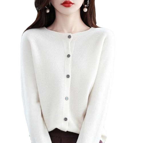 Women's Cashmere Cardigan Sweater,100% Cashmere Button Front Long Sleeve Cardigan-Hand Wash Only (White,L) von INGKE