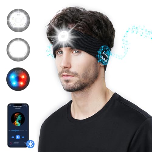 INHDBOX 2023 Neu Bluetooth Sport Stirnband Kopfhörer Musik, 5 LED Stirnband mit Licht,HD Stereo Lautsprecher Hohe Stretch Sport Stirnband mit Blinkender Alarmscheinwerfer, Perfekt für Sport und Laufen von INHDBOX