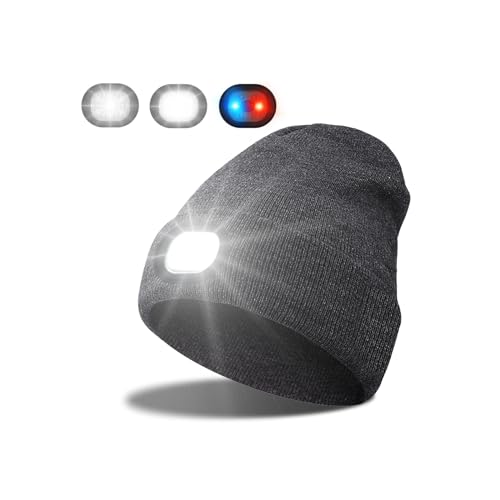 INHDBOX LED Mütze Kappe, Strickmütze mit USB Nachladbare Licht, Beleuchtung und blinkende Warnungs-Arten 6 LED, einfache Installation Vorne Hinten Scheinwerfer-Mütze, Unisex-Winterwärmer-Strickkappe von INHDBOX