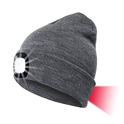 INHDBOX LED Mütze Kappe, Strickmütze mit USB Nachladbare Licht, Beleuchtung und blinkende Warnungs-Arten 8 LED, einfache Installation Vorne Hinten Scheinwerfer, Unisex-Winterwärmer-Strickkappe von INHDBOX